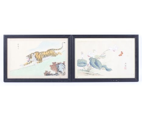 Two framed mid-20th century Chinese silk paintings. In gouache and The first of a crouching tiger in landscape and the second