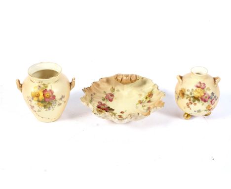 A group of Royal Worcester blush ivory ground wares, circa 1900. Printed puce and green marks, comprising: two small two hand