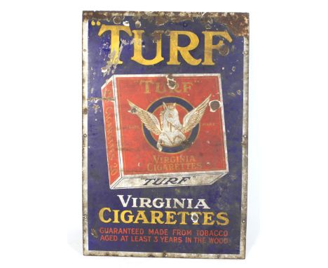 A vintage enamel advertising sign. promoting 'Turf, Virginia Cigarettes', featuring an illustration of the product on a blue 