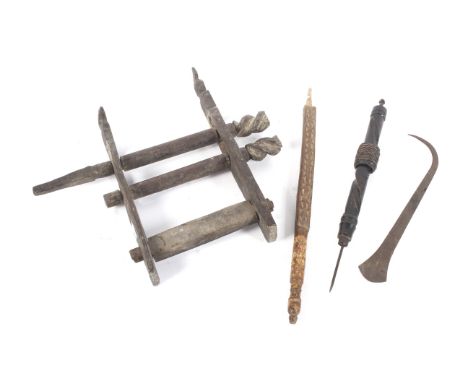Ethnographic Native Tribal : A quantity of carved wooden tools including a mounted roller, twist thread boring tool, a metal 