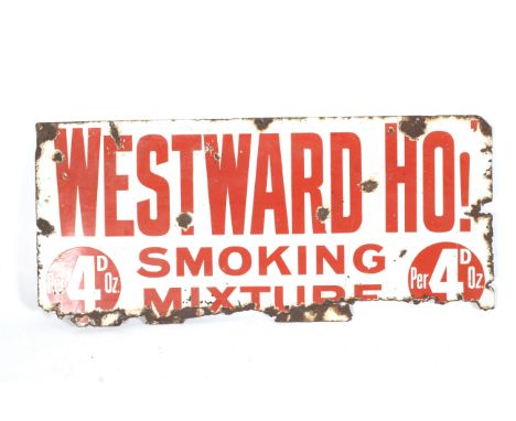 A vintage enamel advertising sign. 'Westward Ho!, Smoking Mixture', red text on a white ground, 45cm x 101.5cm