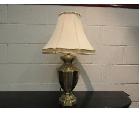 A large brushed metal table lamp with cream shade, 78cm tall with shade