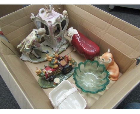 Two boxes containing brassware including animal figures, a walking stick, china figures and glassware etc.