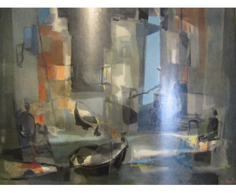 An abstract print after M. Mouly of figures by gondolas, 59cm x 73cm