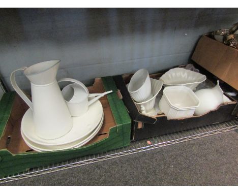 A selection of white ceramics including jug, vase, pots and dishes, enamel jug and watering can 