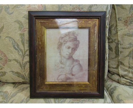 A sepia style print depicting a maiden of classical form, framed and glazed, 24cm x 19cm