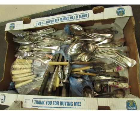 A box of silver plated flatware etc