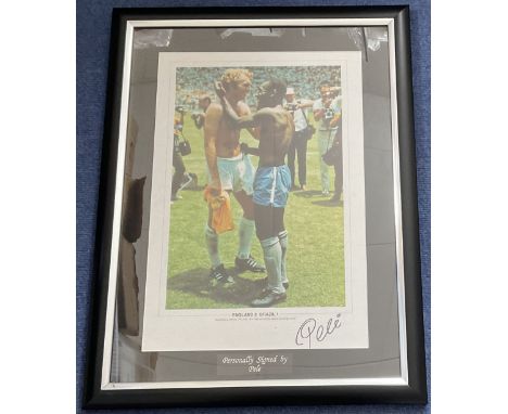 Football Pele Signed Colour Print Housed in a Presentation Frame with Named Plaque. Signed in black ink. Image Shows Pele Emb