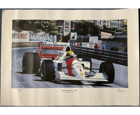 Renowned Artist Ivan Berryman Signed Colour Print Titled Ayrton Senna McLaren MP4/7. Limited Edition. Measures 20 x 14 inches