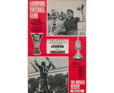 Football Liverpool V Crusaders European Champions Cup Vintage Matchday programme14/9/1976. Good condition. All autographs com