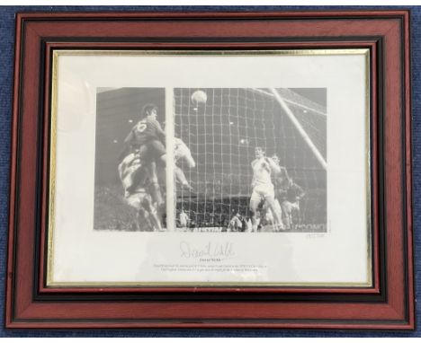 Football Chelsea Star David Webb Signed 16x12 inch Black and White Print Showing Webb Heading the winning Goal Vs Leeds in 19