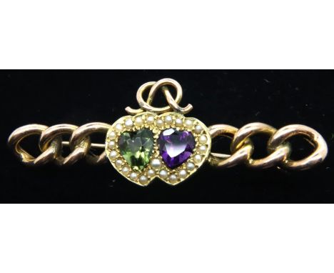 9ct rose gold amethyst peridot and seed pearl double heart brooch, L: 5 cm, 3.6g. P&P Group 1 (£14+VAT for the first lot and 
