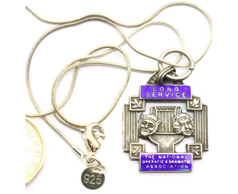 The National Operatic and Dramatic Association enamelled hallmarked silver long service fob on a silver neck chain, 15g. P&am