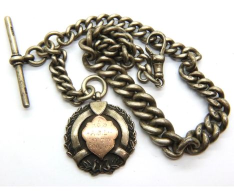 Graduated Albert chain with T-bar, crocodile clip and gold washed fob dated 1907, 73g. P&amp;P Group 1 (£14+VAT for the first