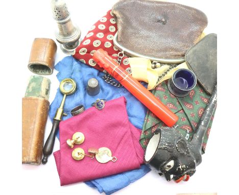 Collection of items including silk handkerchiefs, clay pipe, penknife, silver condiments and other vintage items. P&amp;P Gro