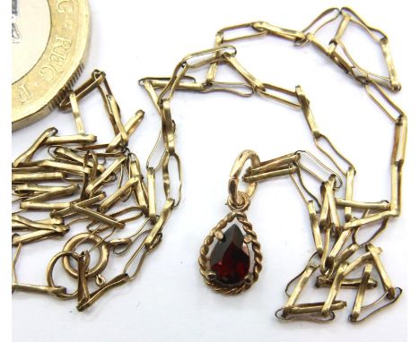 9ct gold ruby pendant necklace, 2g. P&amp;P Group 1 (£14+VAT for the first lot and £1+VAT for subsequent lots) 