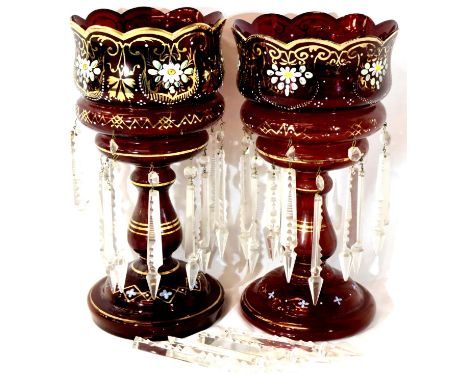Pair of Victorian hand painted ruby glass lustres. Not available for in-house P&P, contact Paul O'Hea at Mailboxes on 01925 6