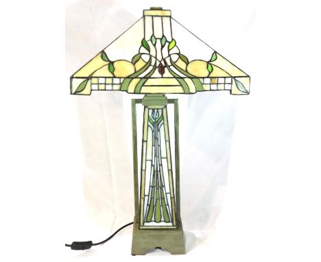 Contemporary Tiffany style lamp with leaded coloured glass shade and tapered base, two bulb fitting. Not available for in-hou