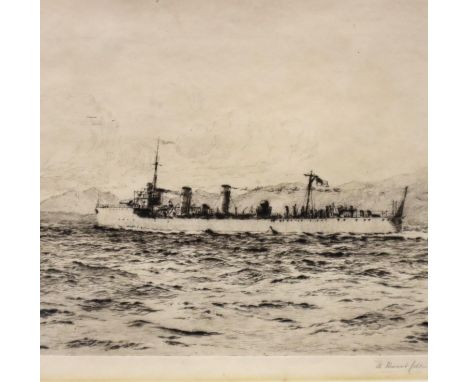 A framed and glazed etching by the Glasgow Marine Artist W Stewart Collie entitled two yachts and warships in a stiff breeze,
