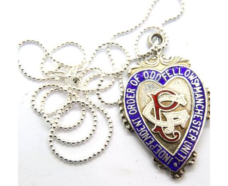 Order of Oddfellows enamelled, hallmarked silver jewel on a silver neck chain, 16g. P&amp;P Group 1 (£14+VAT for the first lo