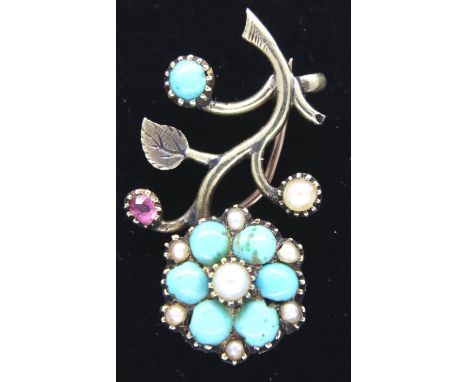 Small presumed gold Victorian pearl and turquoise set brooch, brooch L: 28 mm, 2.8g. P&amp;P Group 1 (£14+VAT for the first l