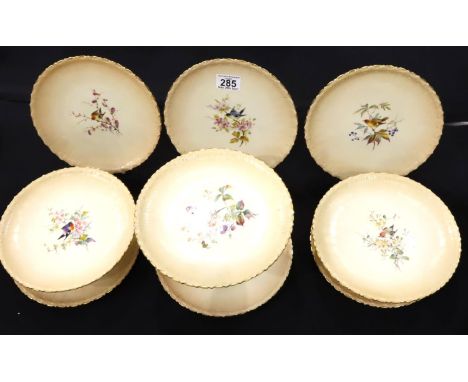 Locke &amp; Co Worcester dessert service painted with birds and foliage, comprising three tazzas and six plates. Not availabl