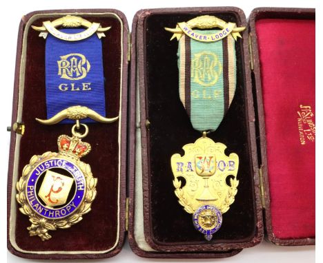 Two boxed enamelled and silver gilt ROAB jewels for Weaver Lodge 1538. P&amp;P Group 1 (£14+VAT for the first lot and £1+VAT 