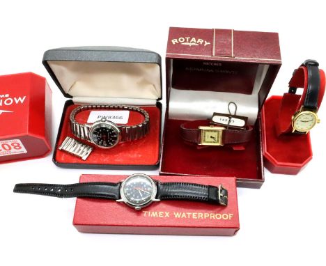 Four boxed wristwatches, two Timex, Mondia and Rotary. P&amp;P Group 1 (£14+VAT for the first lot and £1+VAT for subsequent l