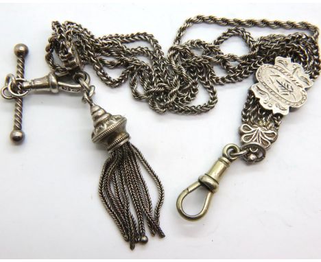 White metal Albertina chain with T-bar and crocodile clip, 22g. P&amp;P Group 1 (£14+VAT for the first lot and £1+VAT for sub