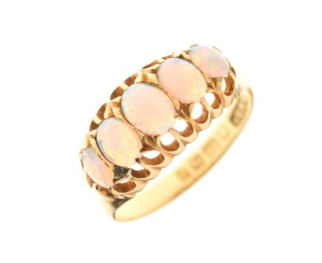 Edwardian 18ct gold, graduated five stone opal ring, 1908, size M, 2.5g gross approx