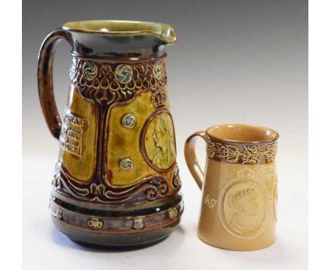 Rare Doulton Lambeth stoneware Queen Victoria Royal commemorative jug, 'Victorian Queen and Empress, Born 1819, Ascended the 
