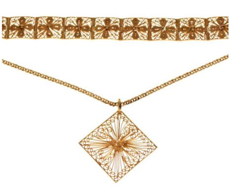 Gold filigree pendant on chain, and a similar panel bracelet, 17cm long approx, unmarked, 24.1g gross approx