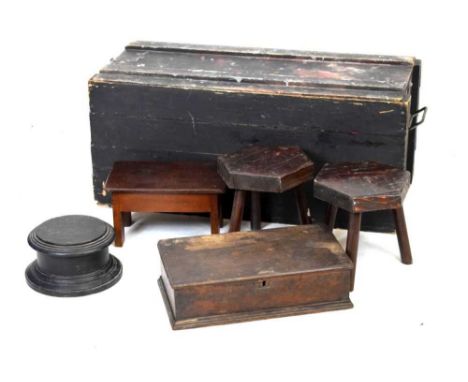 Pine ammunition style trunk together with a quantity of boxes, stools, etc