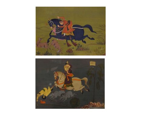 Pair of Indian Mughal School watercolours - Hunting scenes, 21cm x 30cm, framed and glazed