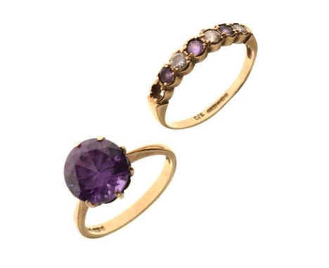 9ct gold ring set purple glass stone, size N, and a 9ct gold half-eternity ring set with cubic zirconias and amethyst-coloure