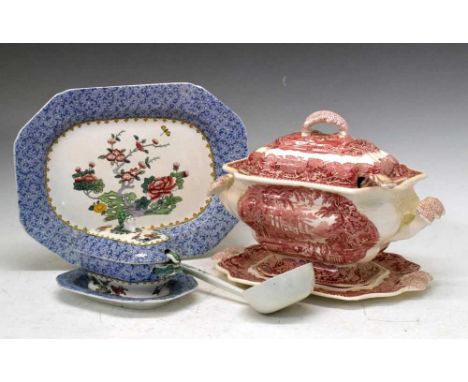 Copeland late Spode sauce tureen, ladle, stand, and 37cm platter plus Masons ironstone tureen, ladle and stand, 34cm across h