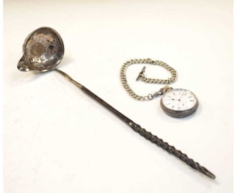 19th Century white metal toddy ladle with twisted baleen handle, 34cm long, 0.935 standard white metal pocket watch with a si