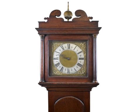 Early to mid 18th Century oak-cased 30-hour single-hand longcase clock, 11-inch square brass dial with silvered chapter ring 