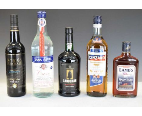Lambs Navy Rum 35cl, Sandemans Ruby Port 75cl, Fox &amp; Forman Cream Sherry 75cl, Cinzano 75cl and Sans Riva Ouzo 1lt