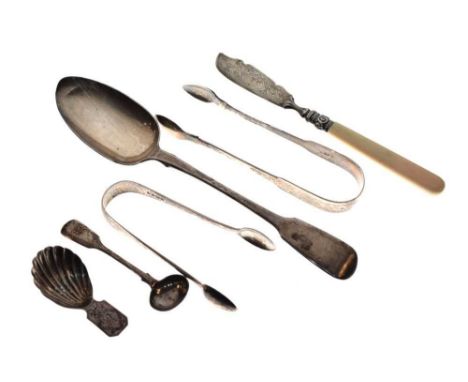 Quantity of silver items to include George III caddy spoon, London 1796, Victorian Fiddle pattern tablespoon, London 1840, et