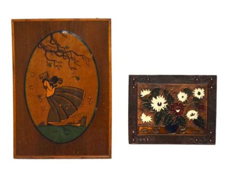 Oak Arts &amp; Crafts panel, 50cm x 37cm, together with a metal panel depicting a vase of flowers, 27cm x 34cm