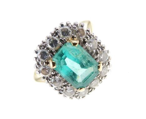 18ct gold emerald and diamond cluster ring, the step cut emerald calculated as weighing approximately 1.8 carats, enclosed by