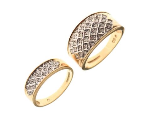 Two 9ct gold diamond-set rings, sizes M and O respectively, 6.2g gross approx (2)