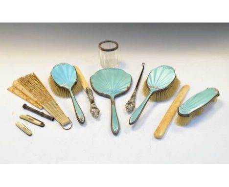 Quantity of silver-backed dressing table items, together with an ivory fan, silver-handled button hook, etc