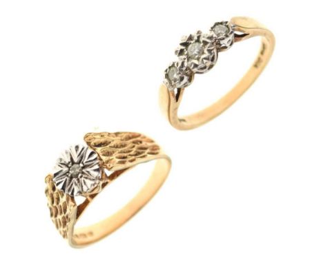 9ct gold illusion set diamond single stone ring, size M, and a 9ct gold illusion set diamond three-stone ring, size L, 5g gro