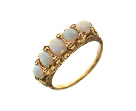 18ct gold, five-stone opal ring, interspersed with diamond points, (a/f), size N, 4.9g gross approx