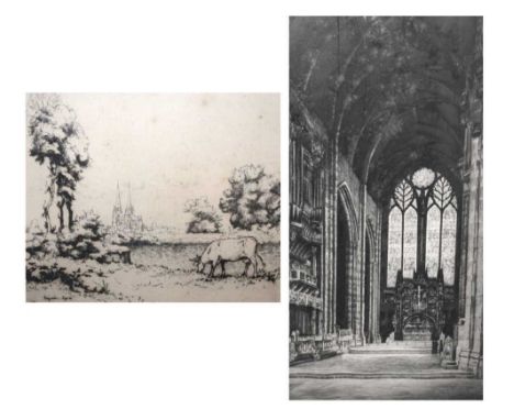 After Eugene Bejot - Signed etchings - Pair of French landscapes, an etching after Alfred Bentley and another signed etching 