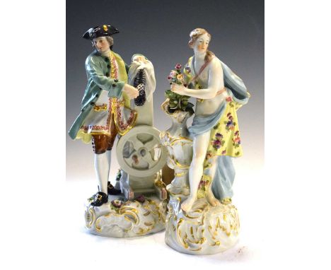 Two Meissen figures, the first early 20th Century, a gentleman in tricorn hat holding rope and resting one arm upon a pedesta
