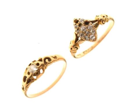 Victorian diamond single stone ring, unmarked, size N, and a 18ct gold diamond set marquise-shaped cluster ring, (a/f), size 