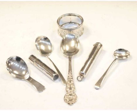 Quantity of silver items to include George III silver caddy spoon, London 1808, Edward VII silver napkin ring, Birmingham 190